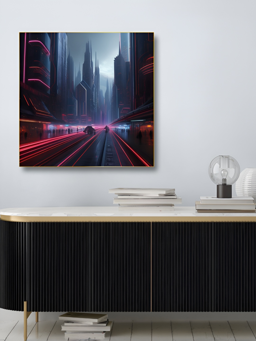 

nestroots Neon Cityscape Gold-Toned & Black Canvas Wall Art