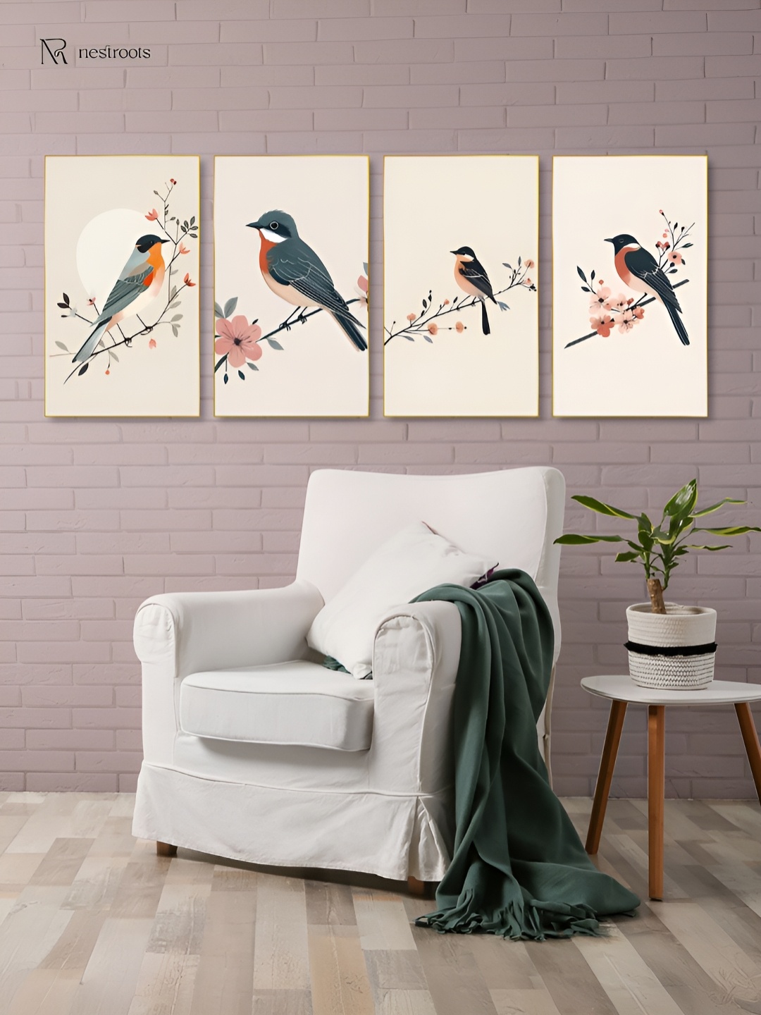 

nestroots Beige & Green 4 Pieces Birds and Animals Printed Canvas Wall Arts