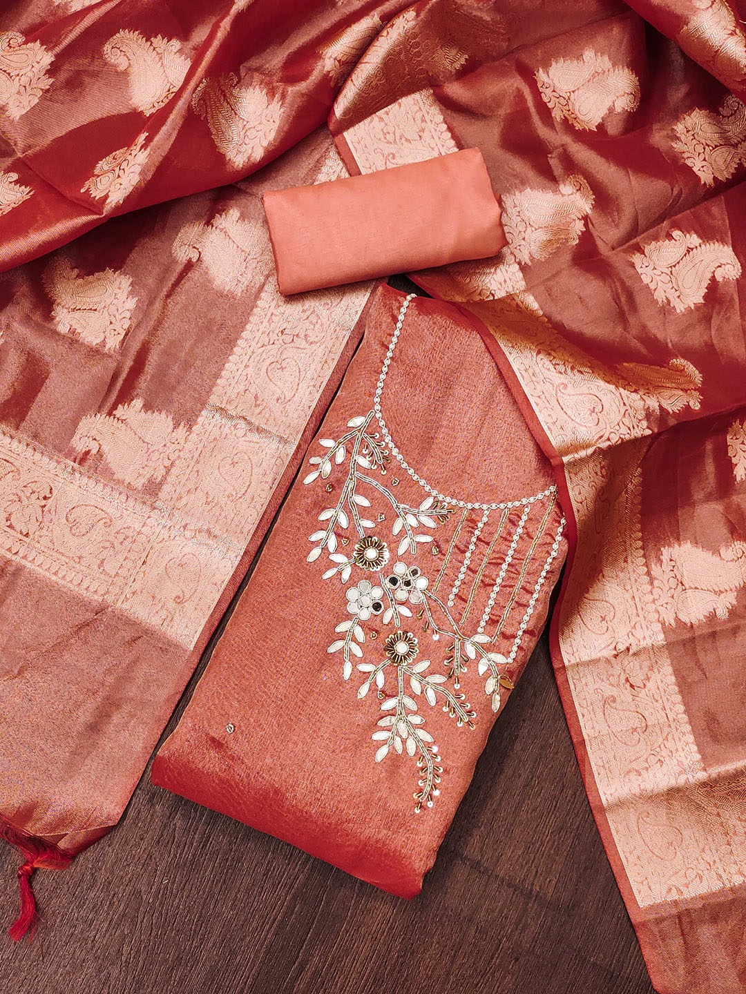 

KIMISHA Floral Embroidered Unstitched Dress Material, Peach