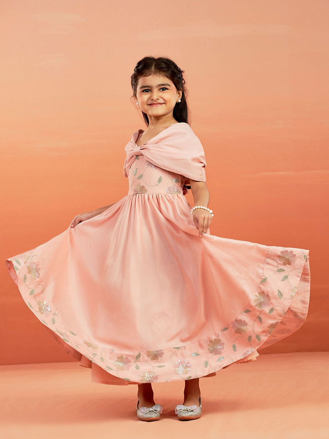 

VASTRAMAY Girls Embroidered Off-Shoulder Maxi Dress, Peach