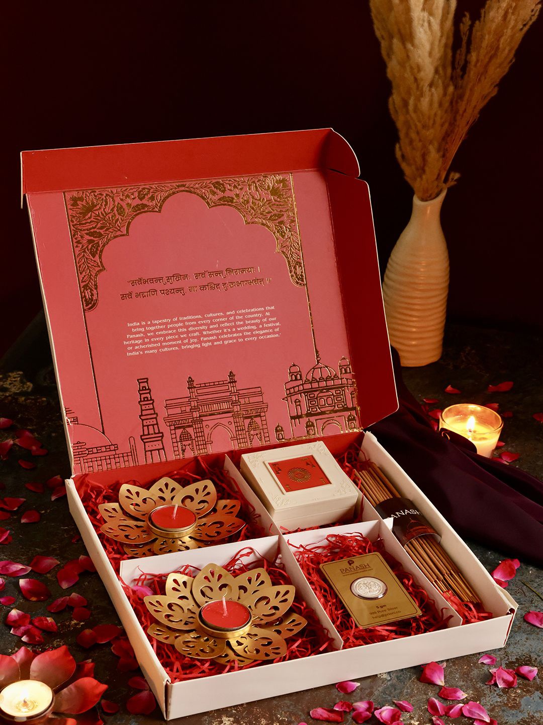 

PANASH Gift Hamper with Fine 999 Silver Coin Diyas Incense Sticks and Charan Paduka