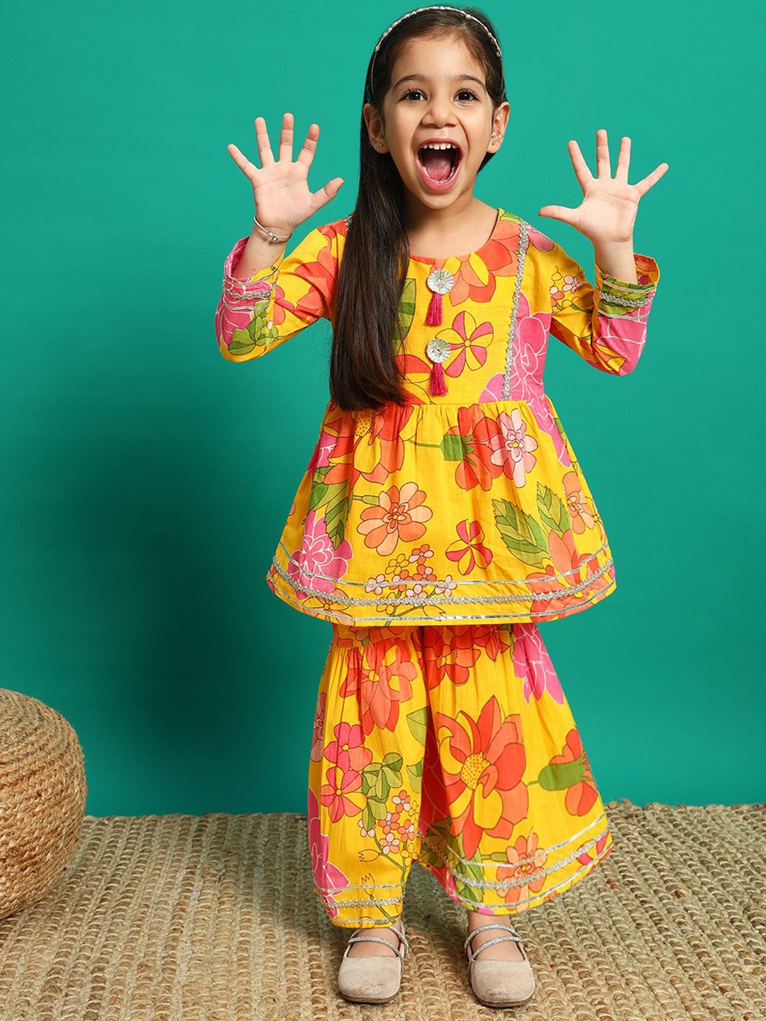 

Readiprint Girls Floral Printed Gotta Patti Pure Cotton Kurti with Sharara, Yellow