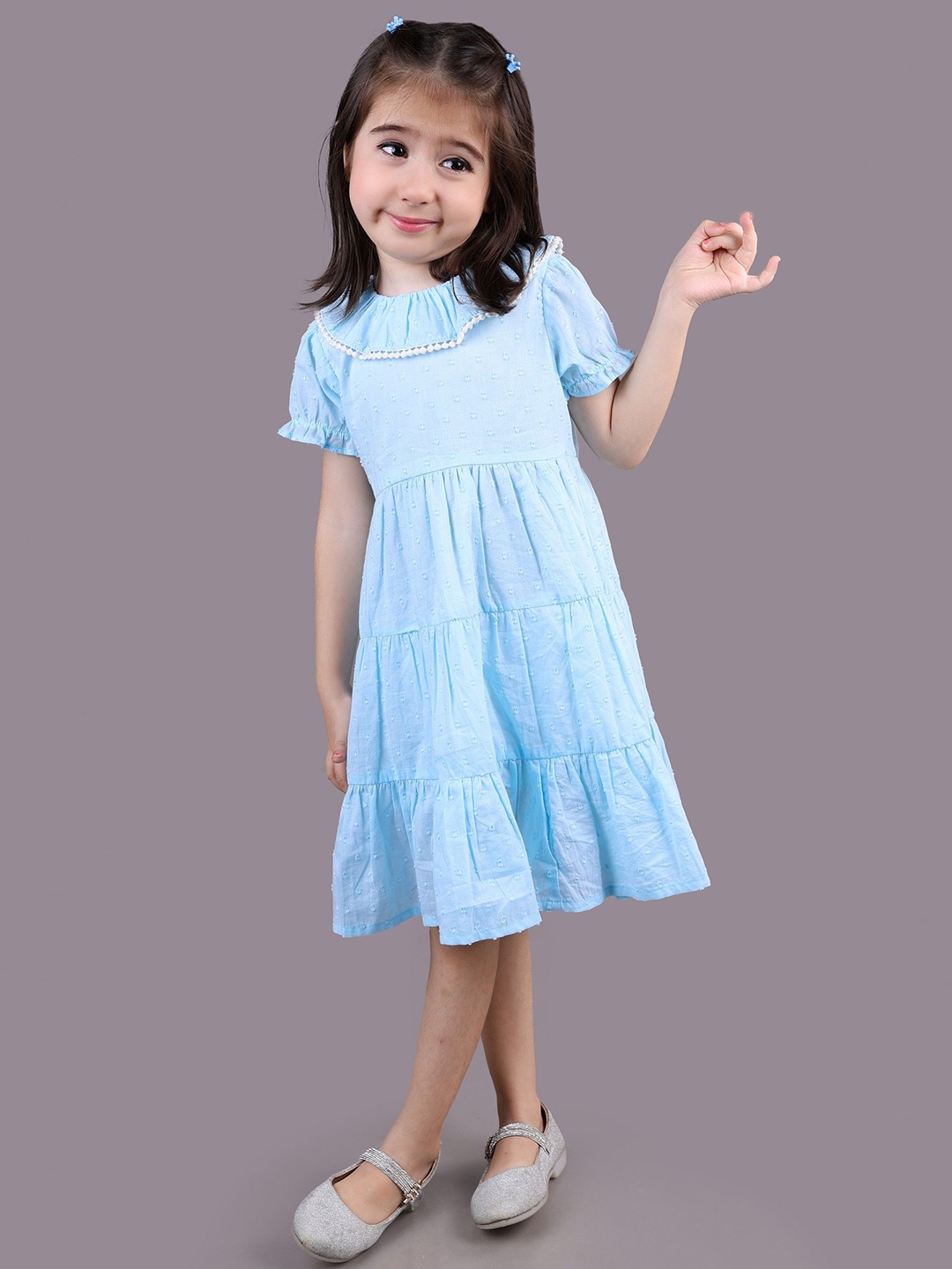 

Nature Nook Kids Girls Cotton Blue Print Round Neck Short Sleeves Empire Dress