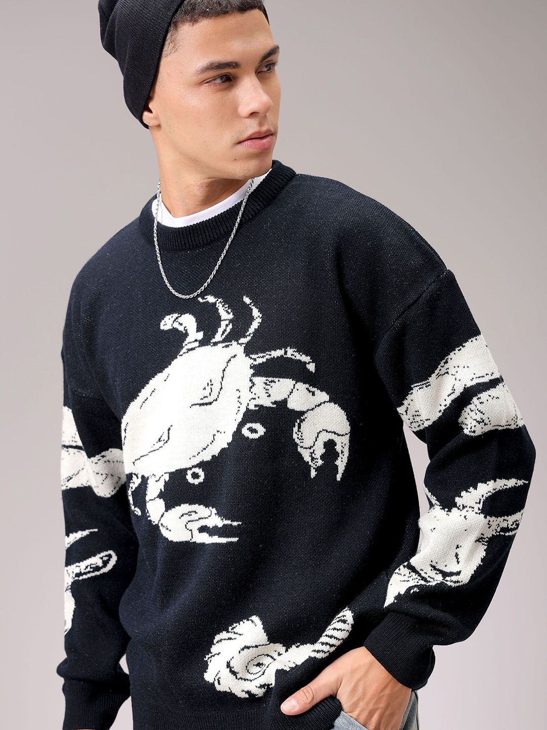 

The Indian Garage Co Men Acrylic Graphic Printed Round Neck Pullover Sweaters, Black