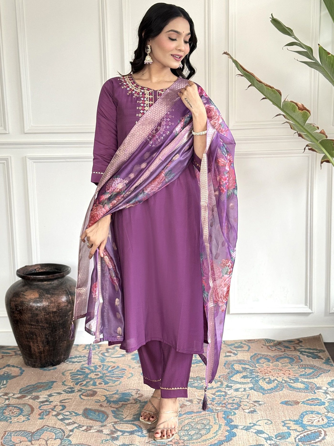 

KALINI Embroidered Regular Chanderi Silk Straight Kurta with Trousers & Dupatta, Purple