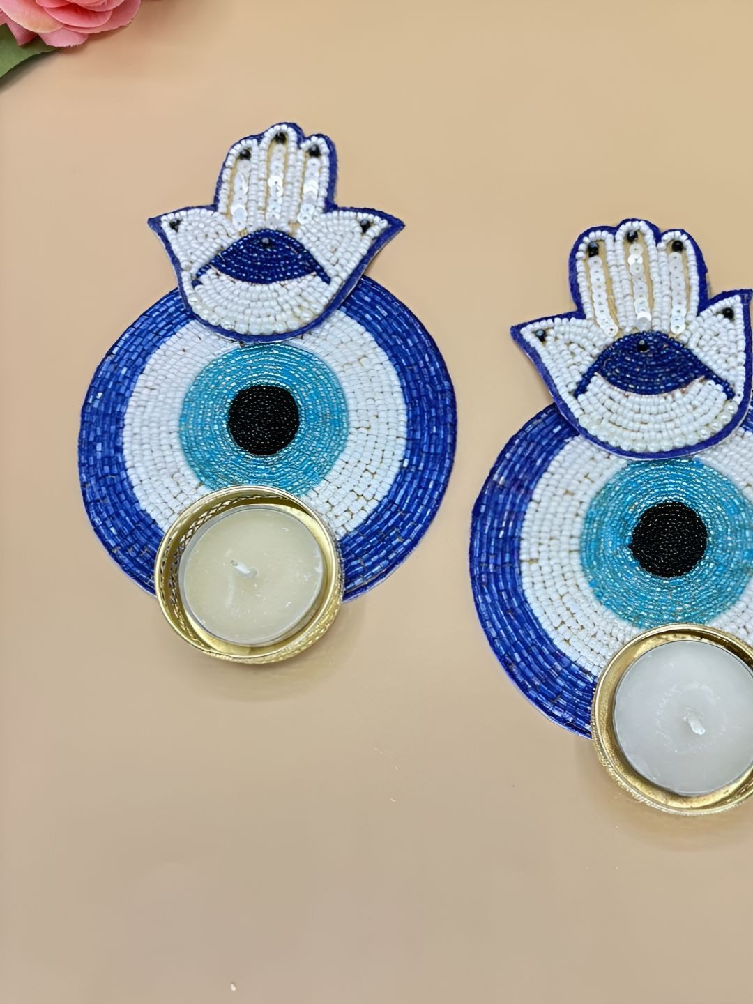 

THE HOME CO. Blue & White 2 Pieces Printed Evil Eye Tea Light Candle Holder