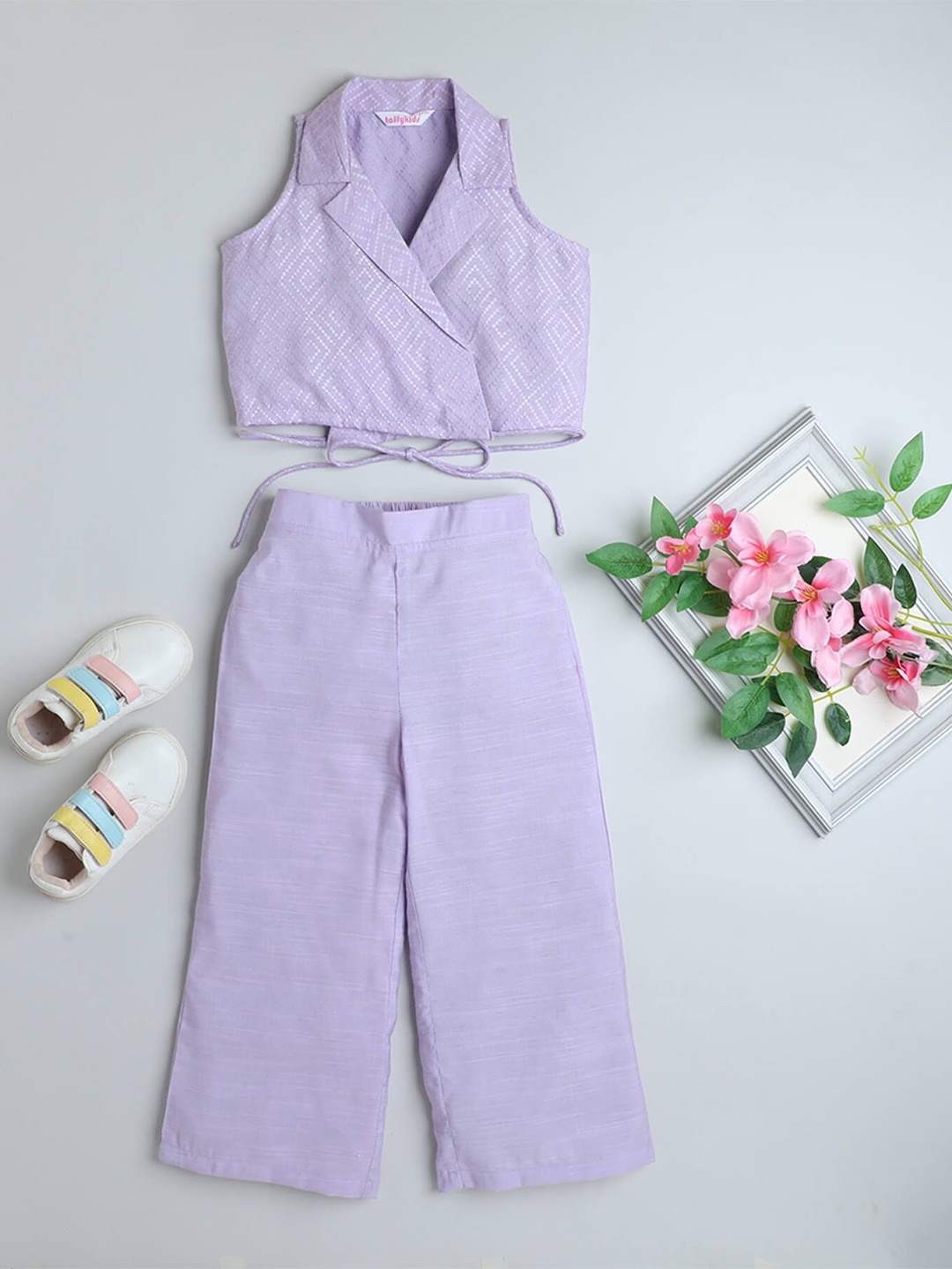 

taffykids Girls Tie-Up Crop Blazer Top with Palazzos, Lavender