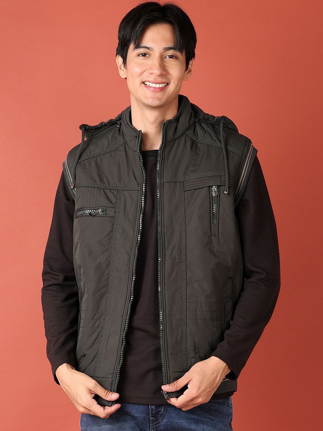 

V-Mart Men Hooded Solid Cotton Casual Bomber Jacket, Charcoal