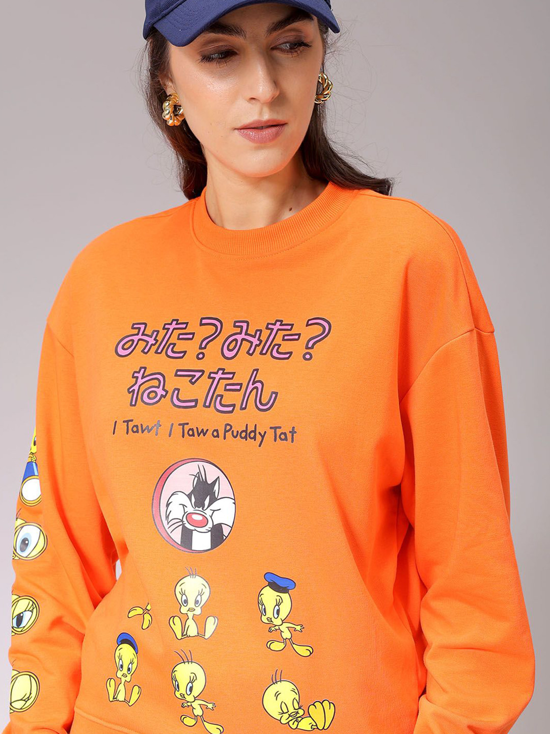 

Freehand by The Indian Garage Co Women Humour and Comic Printed Cotton Sweatshirt, Orange