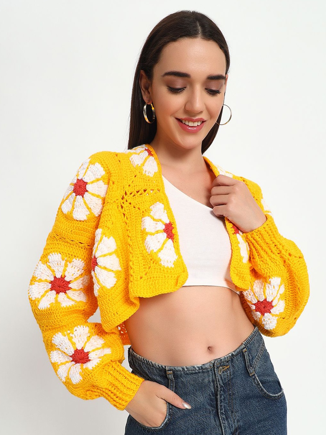 

Sugercandy Women Floral Woollen Crop Cardigan, Yellow