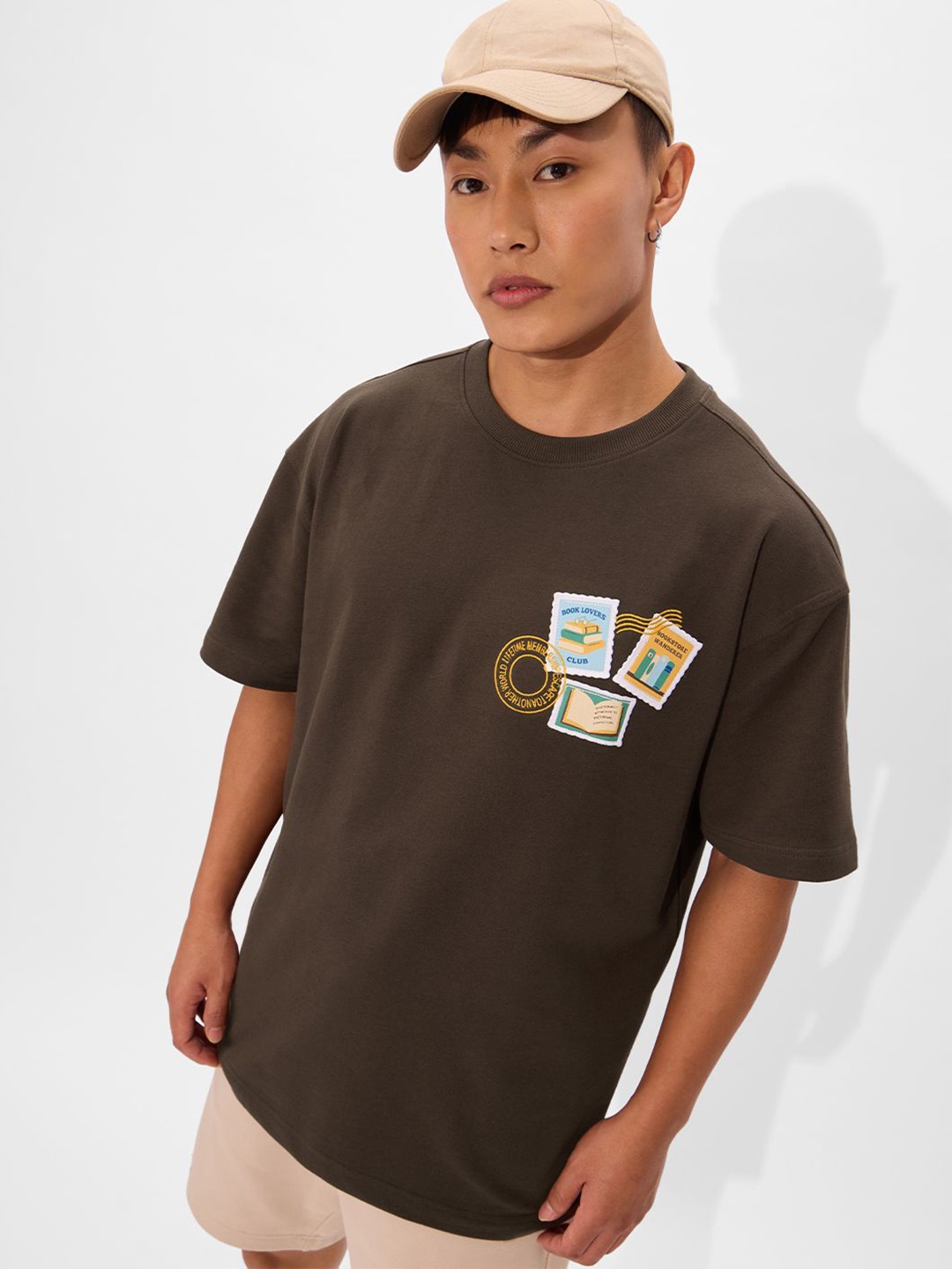 

The Souled Store Men Graphic Printed Round Neck Cotton Oversized T-shirt, Coffee brown