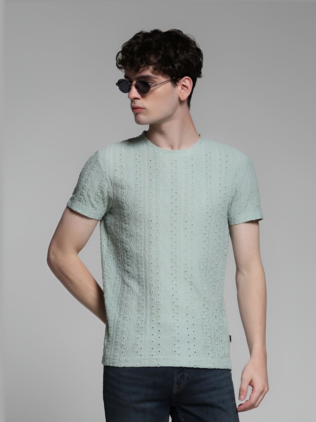 

Jack & Jones Men Self Design Round Neck T-shirt, Green