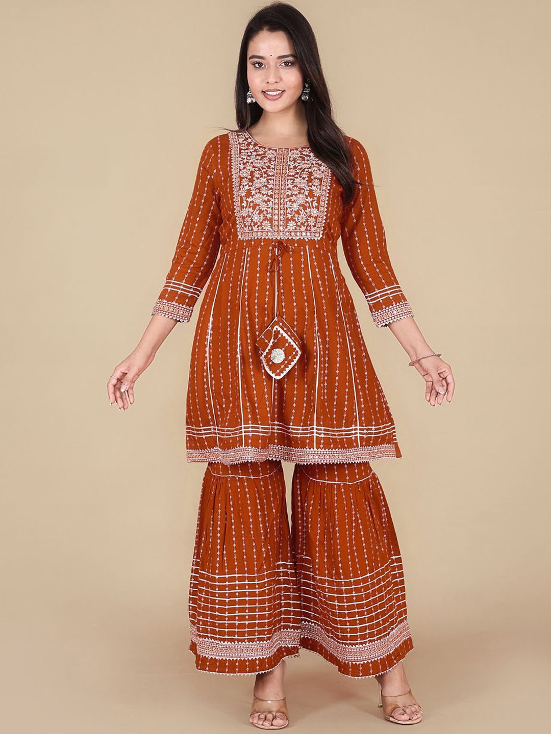 

HERE&NOW Rust Floral Printed Thread Work A-Line Kurti With Sharara