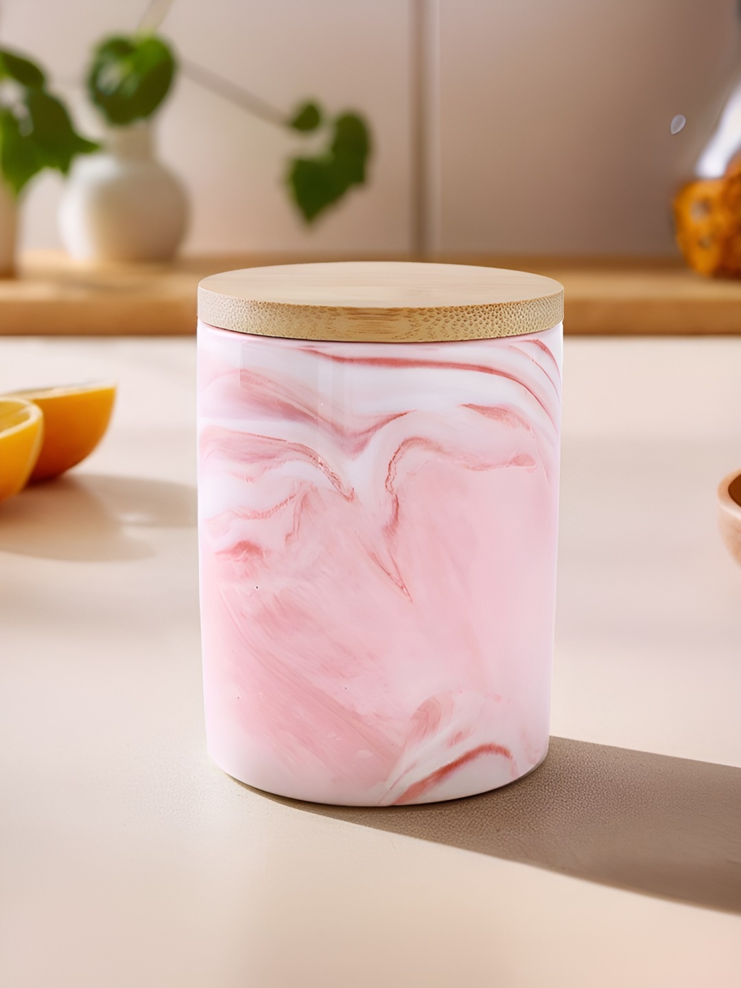 

The Better Home Pink & WHite Abstract Printed Ceramic Airtight Jar With Bamboo Lid 400ml