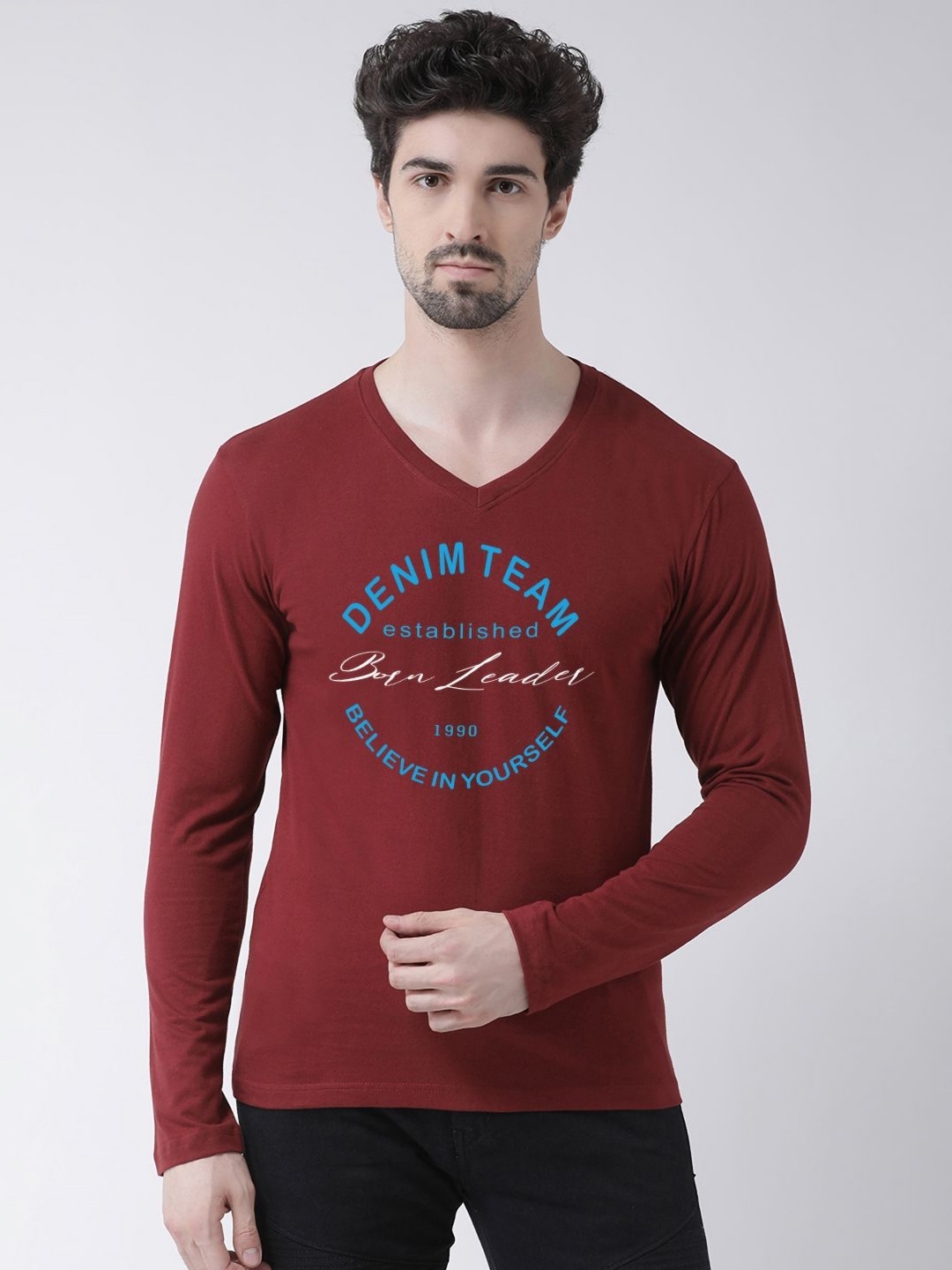 

Friskers Men Typography Printed V-Neck Cotton Slim Fit T-shirt, Maroon