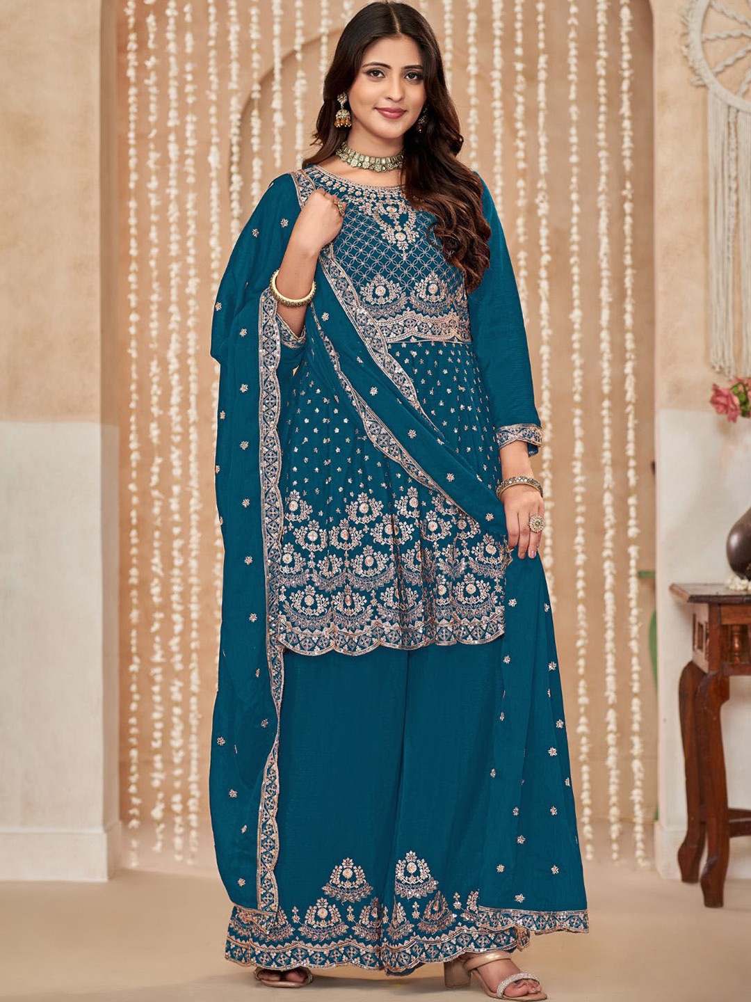 

ODETTE Ethnic Motifs Embroidered Sequinned A-Line Kurta With Sharara & Dupatta, Teal