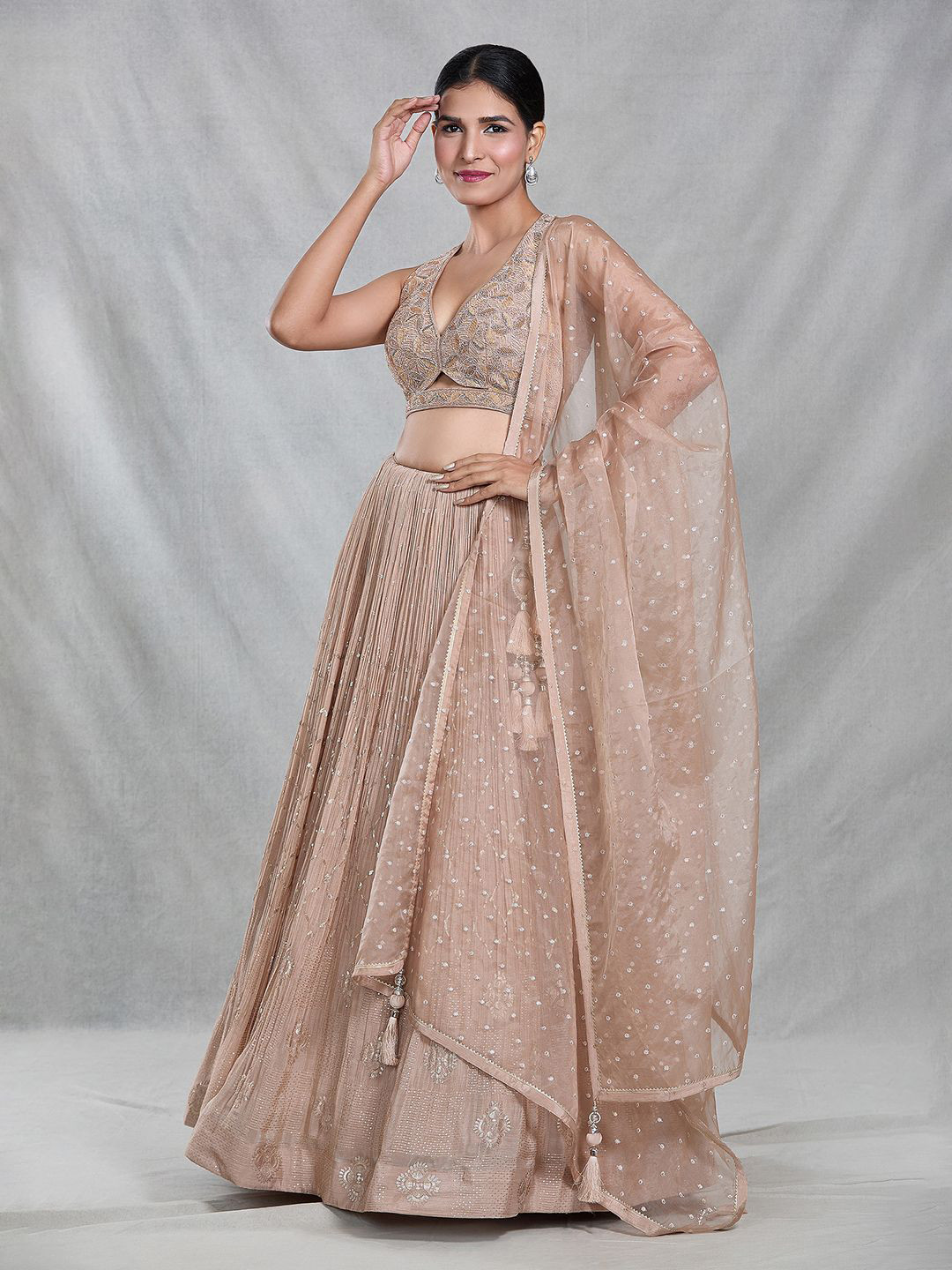 

Samyukta Singhania Embroidered Sequinned Ready to Wear Lehenga & Blouse With Dupatta, Beige