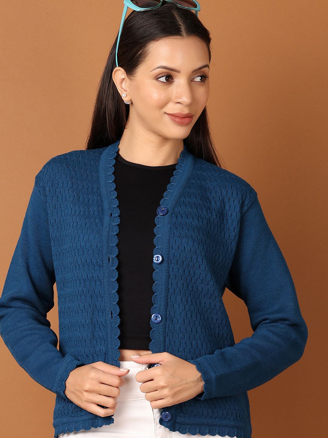 

V-Mart Women Self Design V - Neck Cardigan Sweater, Teal