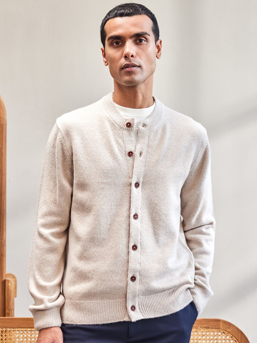

Mr Bowerbird Men Beige Long Sleeves Round Neck Front Open Cardigan Sweaters