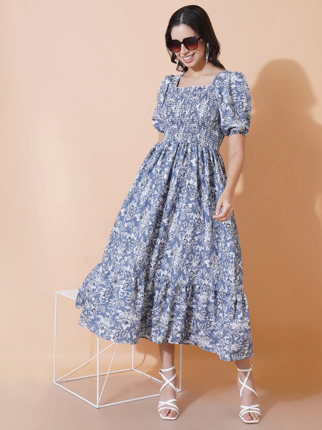 

Krunal Raiyani Women Floral Printed Applique Fit & Flare Maxi Dress, Blue