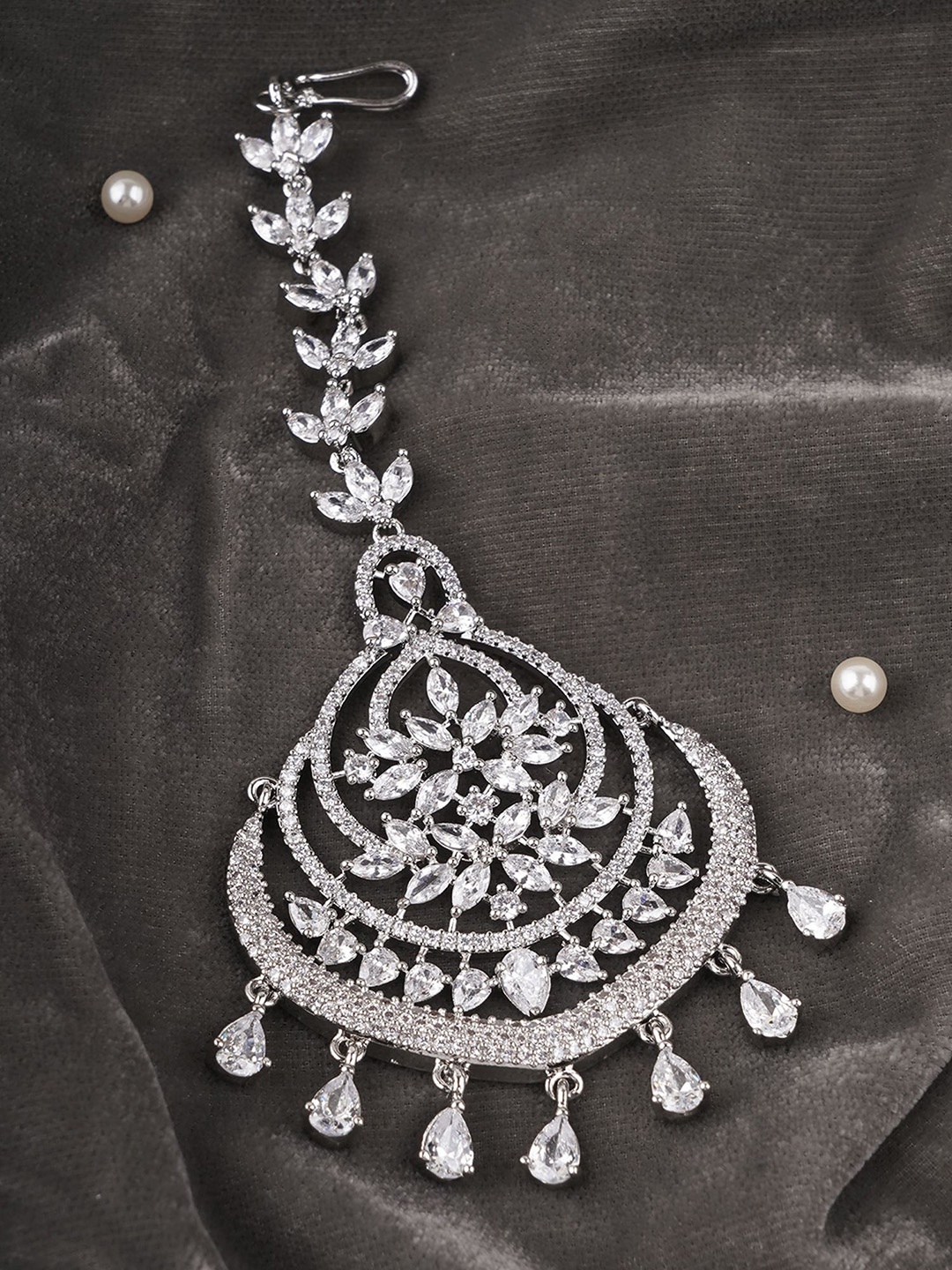 

Adwitiya Collection Rhodium-Plated American Diamond Studded Maang Tikka, Silver