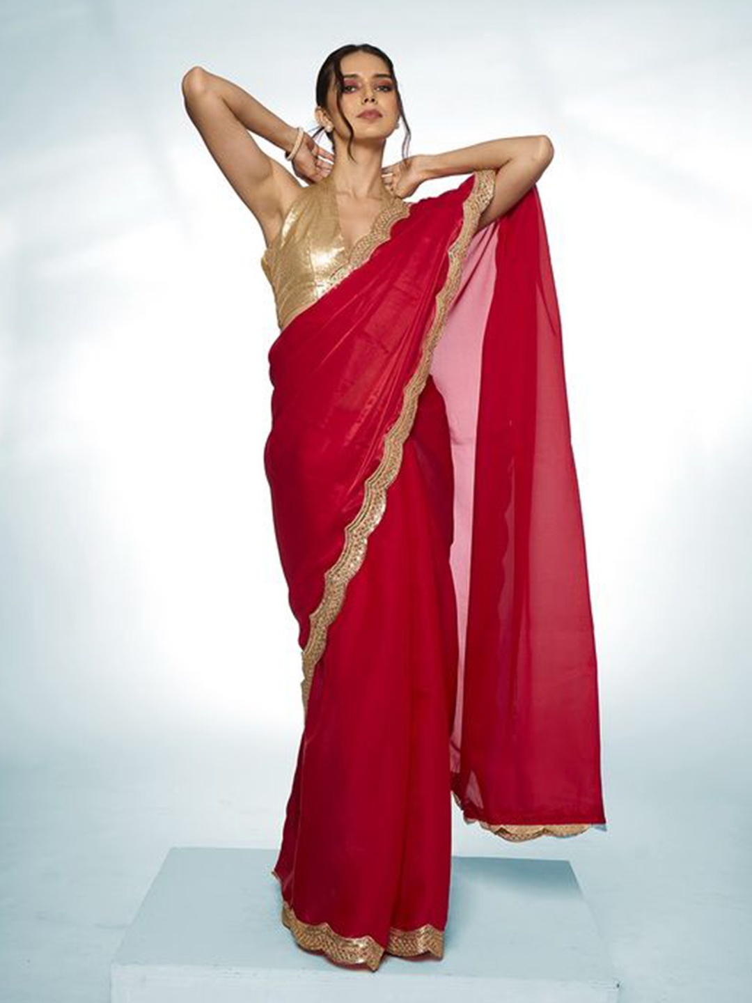 

Kalista Embellished Sequinned Organza Ready to Wear Saree, Red
