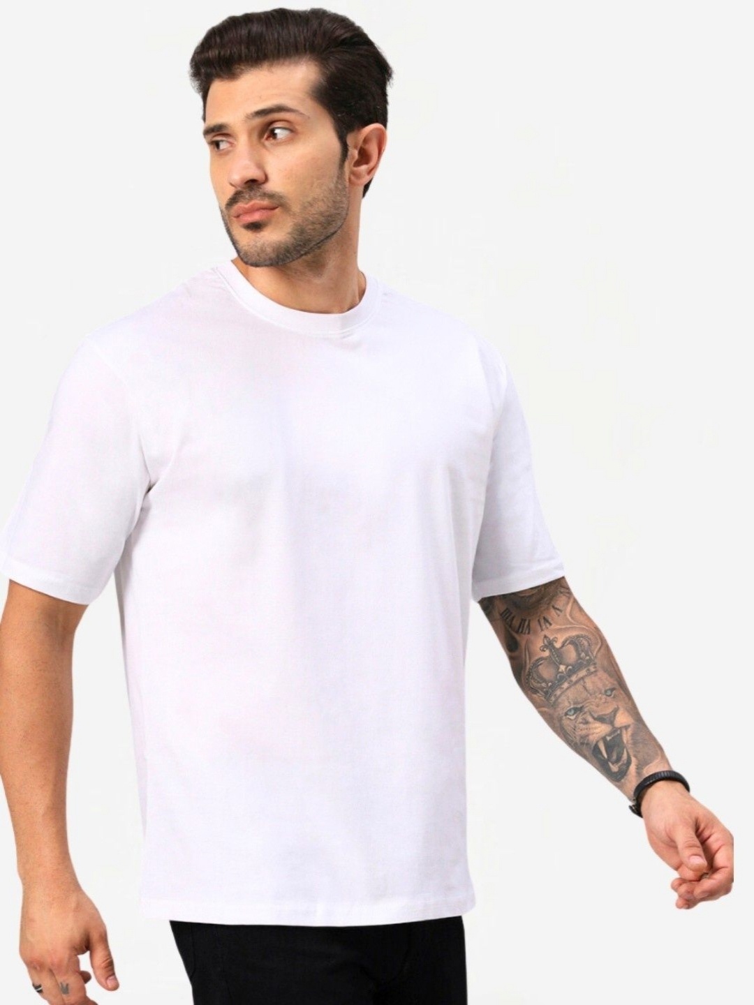 

URBANICE Men Solid Round Neck Cotton Oversized T-shirt, White