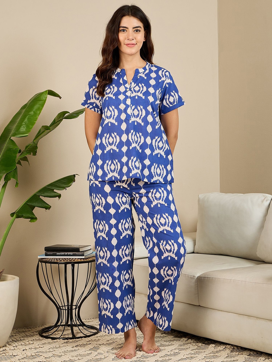 

July Women Pure Cotton Printed Night suit, Blue