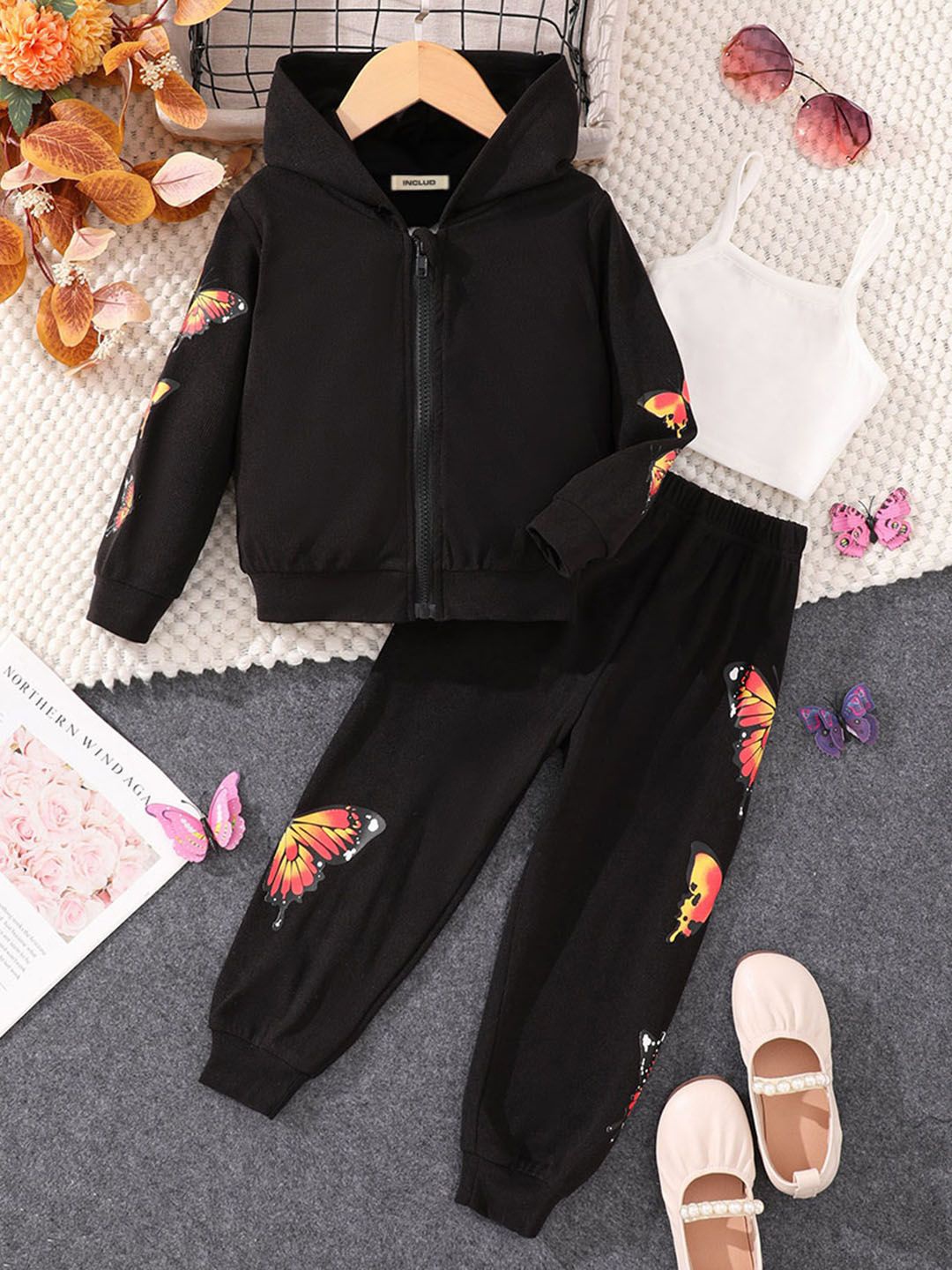 

INCLUD Girls Butterfly Printed Hooded Sweatshirt With Joggers & Camisole Top, Black