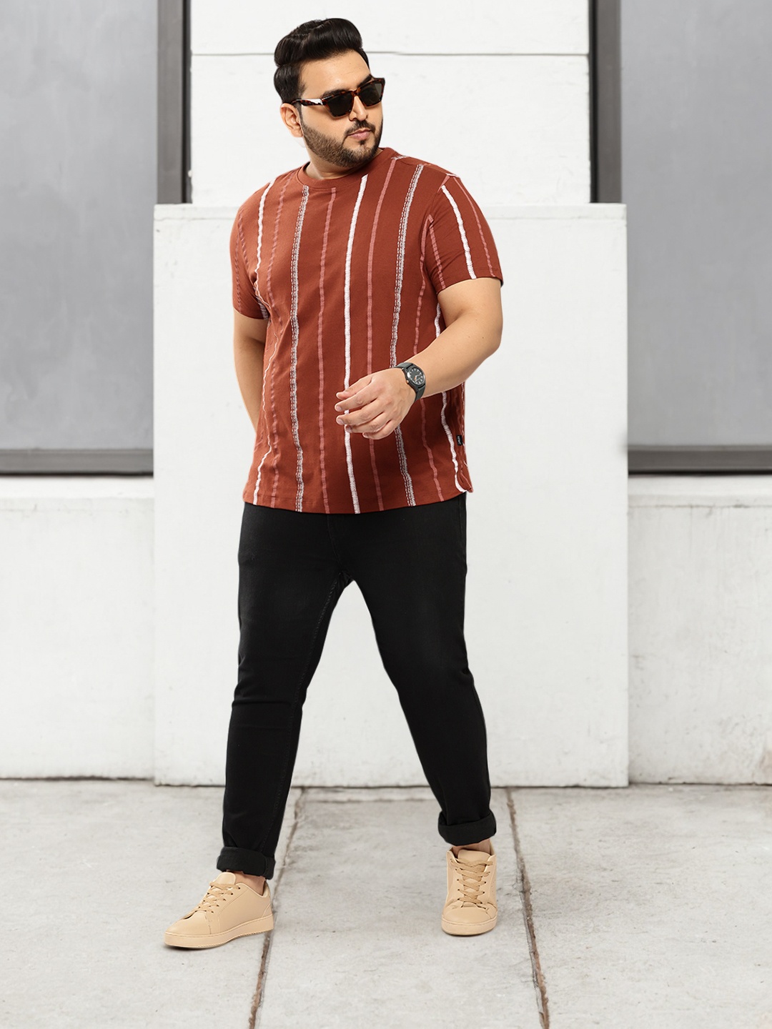 

Sztori Plus-Size Striped Pure Cotton T-shirt, Rust