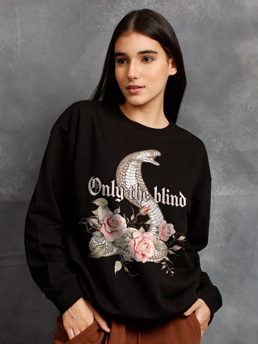 

PRONK Women Cotton Printed Sweatshirt, Black