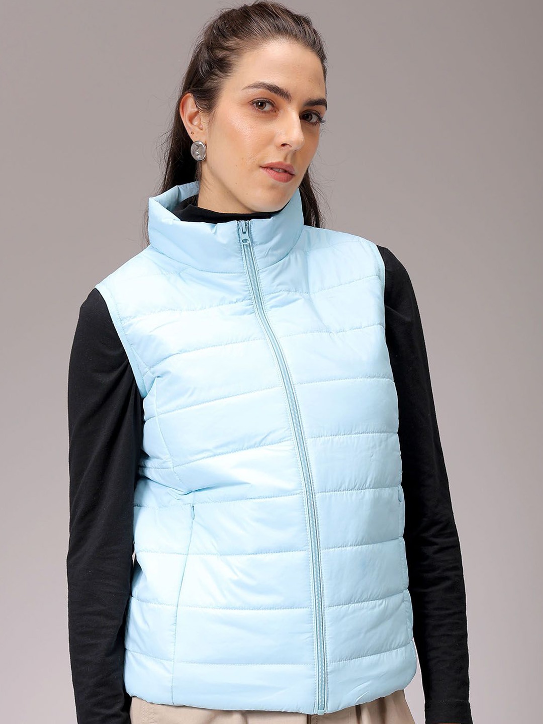 

Freehand by The Indian Garage Co Women Mock Collar Solid Casual Quilted Jacket, Teal