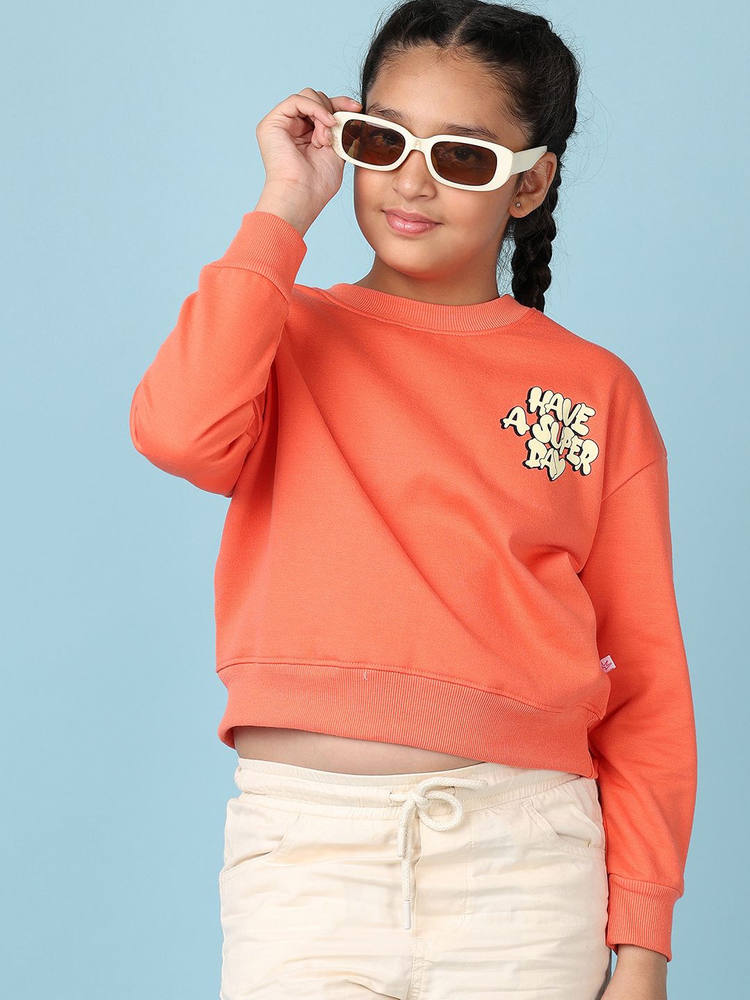 

V-Mart Girls Printed Cotton Round Neck Sweatshirt, Coral