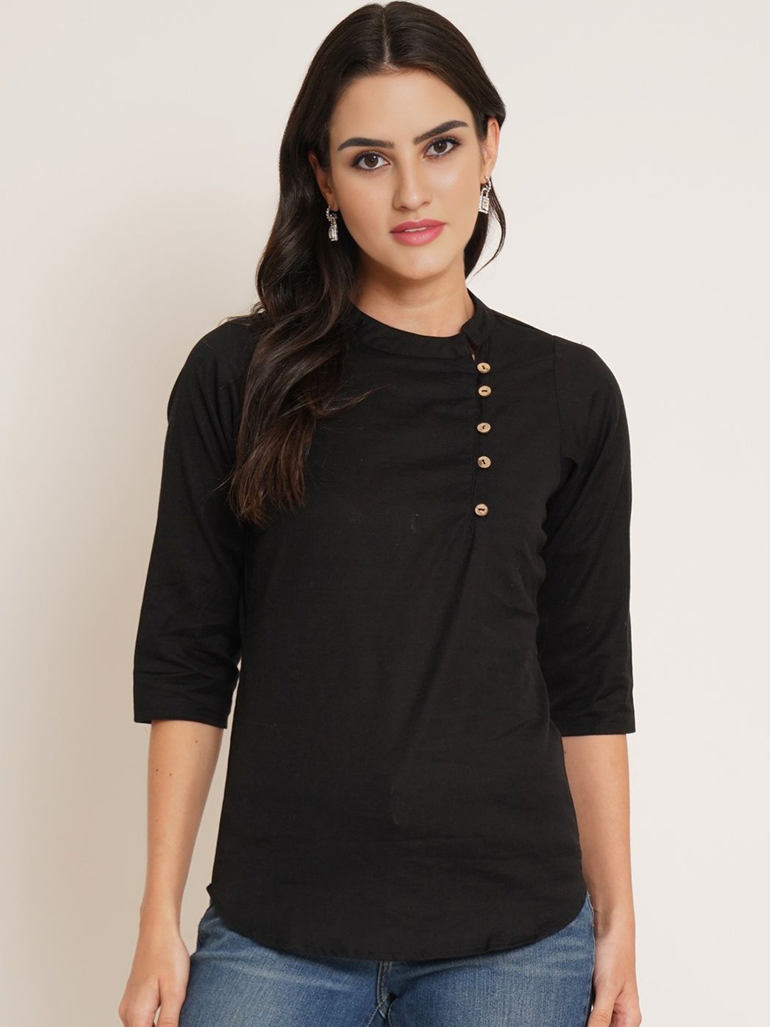 

Brownverse Round Neck Three-Quarter Sleeves Regular Top, Black