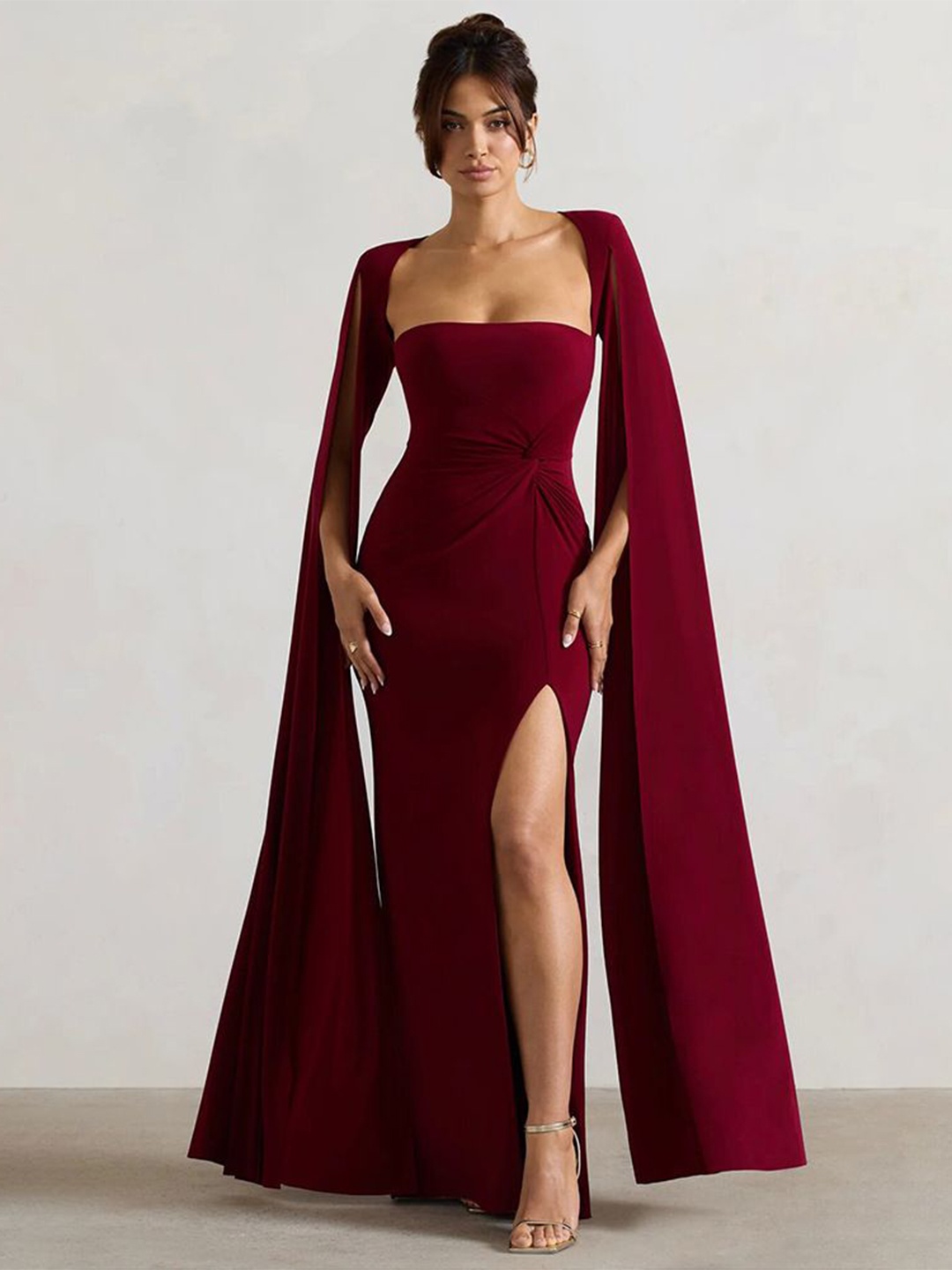 

MIAKEE Women Solid Slit Sleeve Sheath Maxi Dress, Maroon