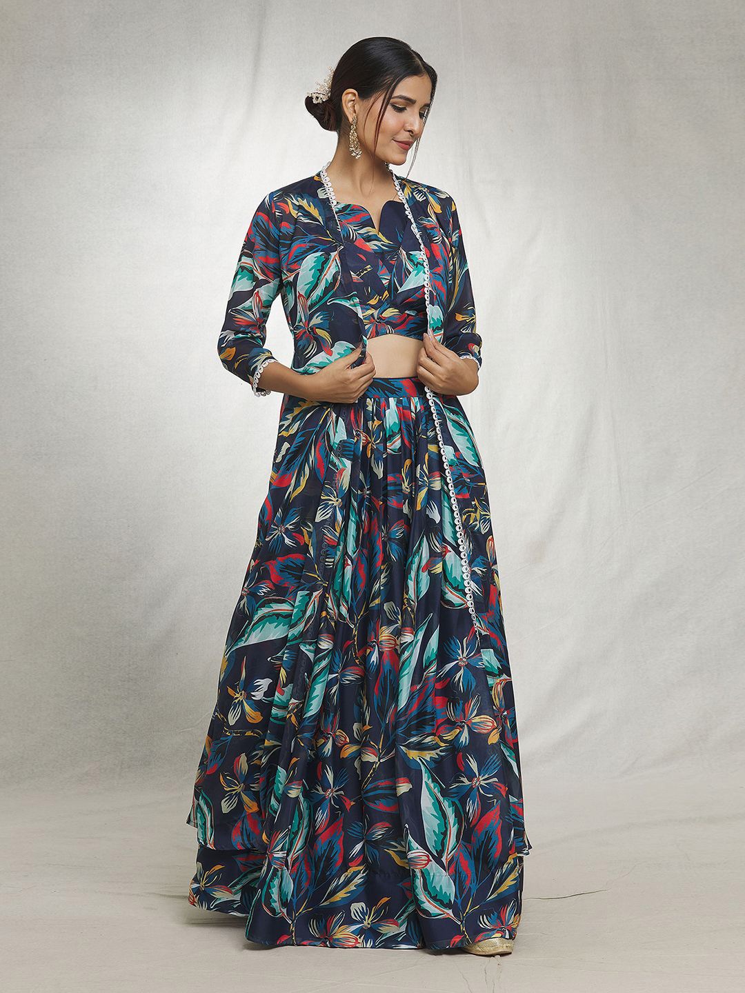 

Samyukta Singhania Floral Printed Ready to Wear Lehenga & Blouse With Jacket, Blue