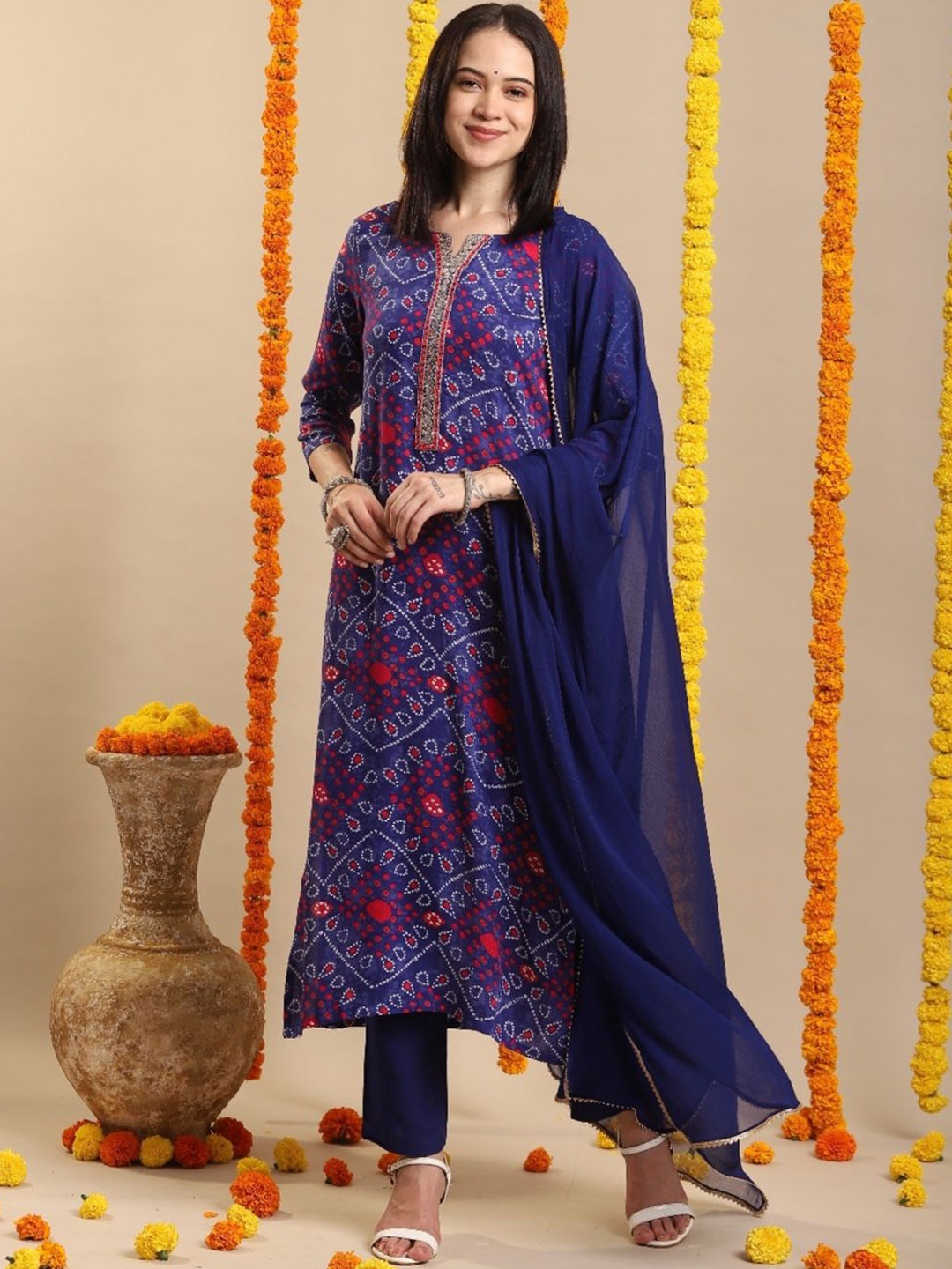 

Anni Designer Bandhani Printed Notch Neck Straight Kurta With Trousers & Dupatta, Blue