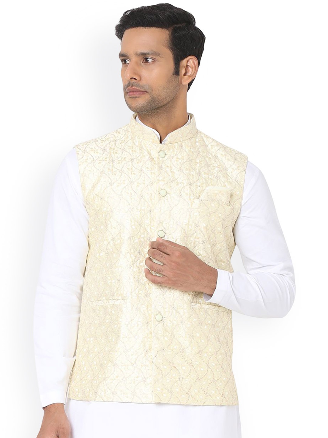 

SALWAR STUDIO Men Embellished Nehru Jackets, Yellow