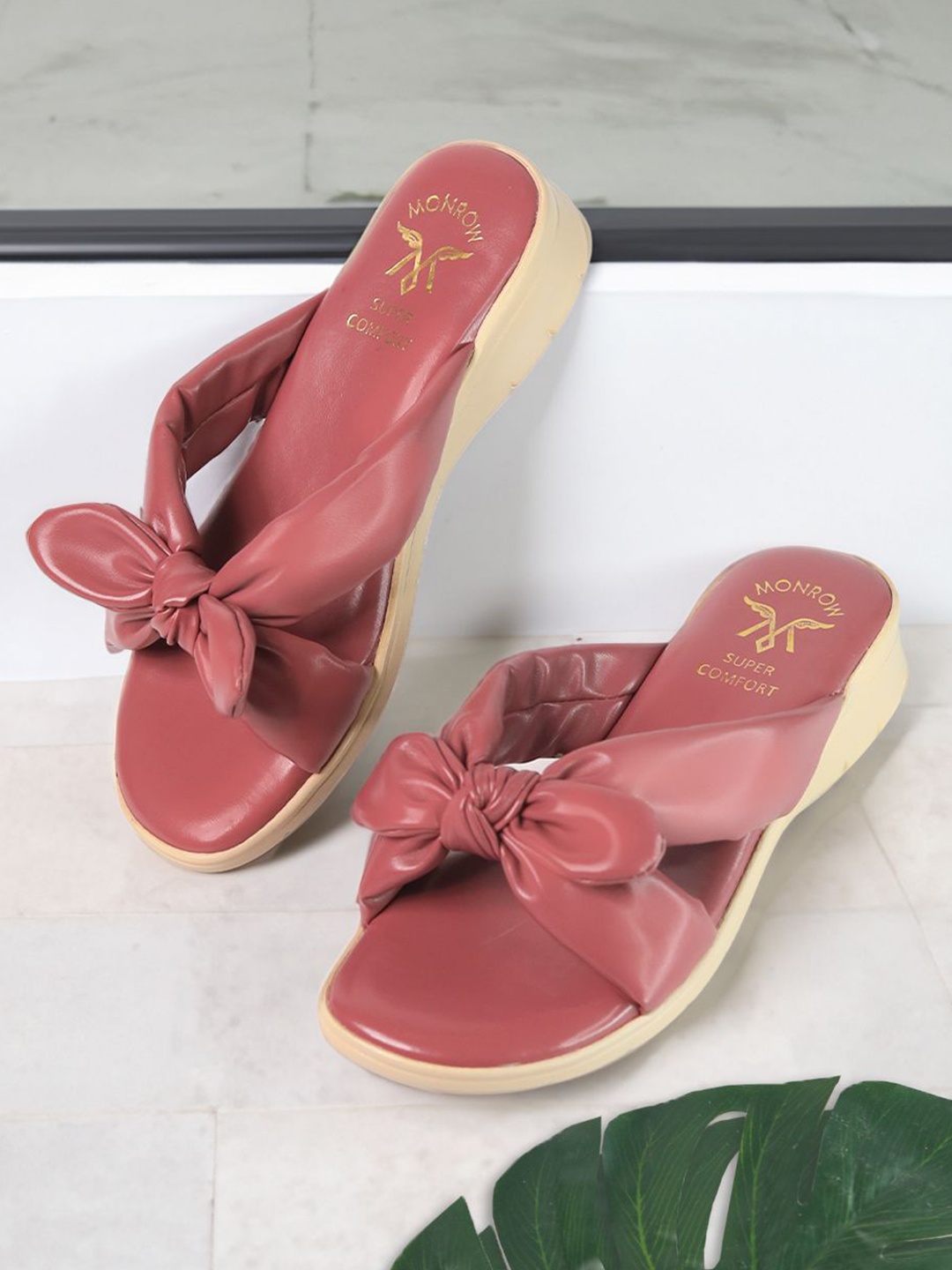 

Monrow Women PU Open Toe Flats with Bows, Pink
