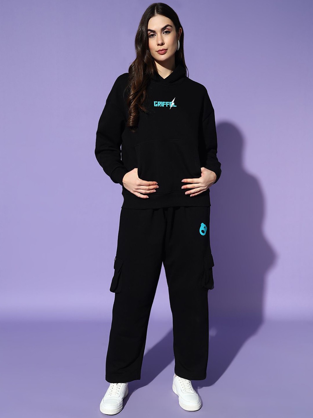 

GRIFFEL Women Typography Printed Mid-Rise Hooded Tracksuits, Black