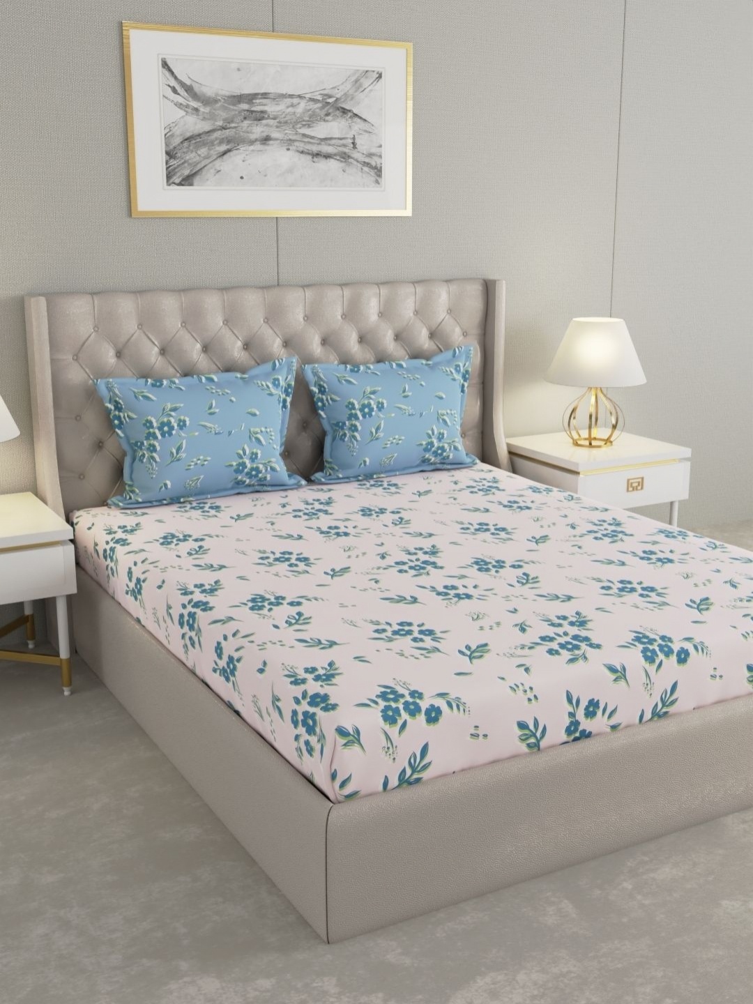 

Raymond Home MYSTIQUE Navy Blue Printed Cotton 110 TC Queen Bedsheet Set 2.54 x 2.24m
