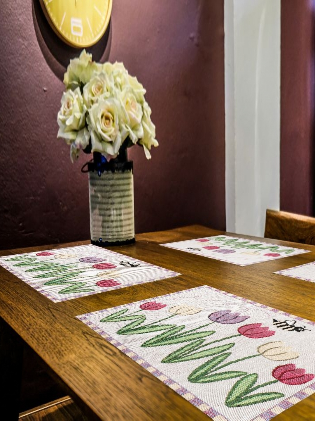 

PRAKARTIK 4-Pcs Pink & Green Cotton Floral Printed Rectangle Table Placemats