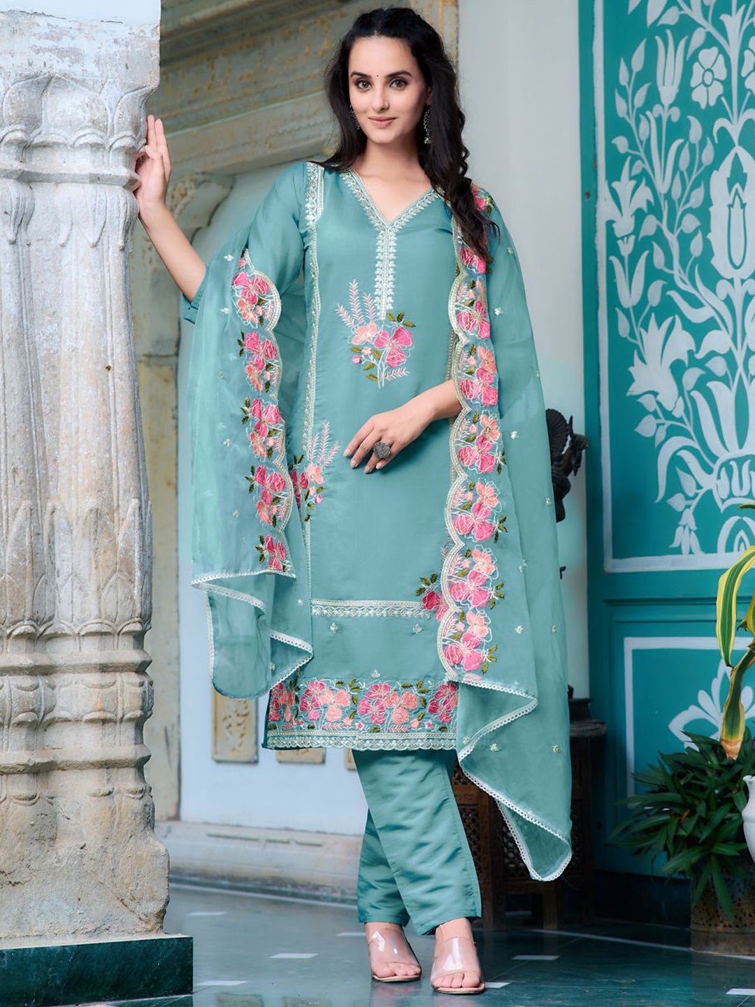 

KALINI Floral Embroidered Chanderi Cotton Straight Kurta With Trouser & Dupatta, Blue