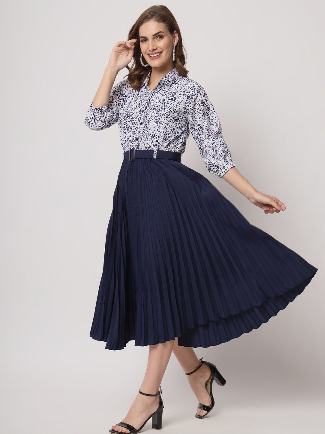 

Femvy Women Floral Printed Shirt Collar Puff Sleeves Fit & Flare Midi Dress, Blue