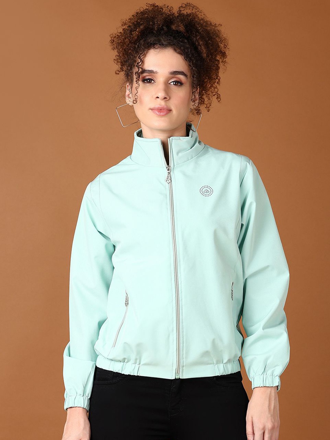 

V-Mart Women Mock Collar Solid Cotton Casual Bomber Jacket, Sea green