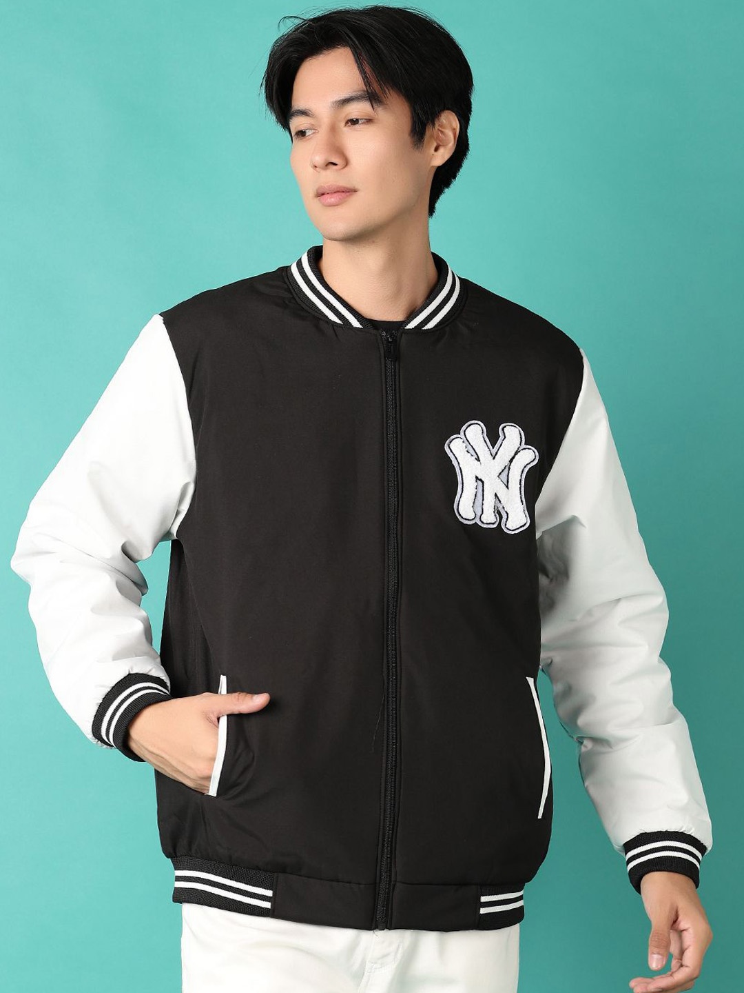 

V-Mart Men Stand Collar Typography Printed Cotton Casual Varsity Jacket, Black
