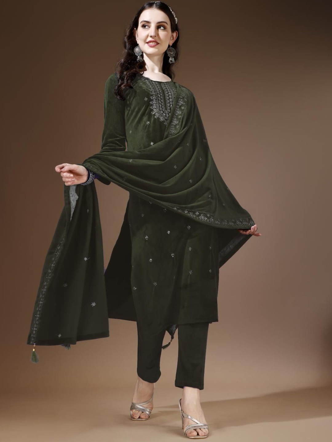 

Ziva Fashion Floral Embroidered Sequined Pure Wool Kurta With Trousers & Dupatta, Olive