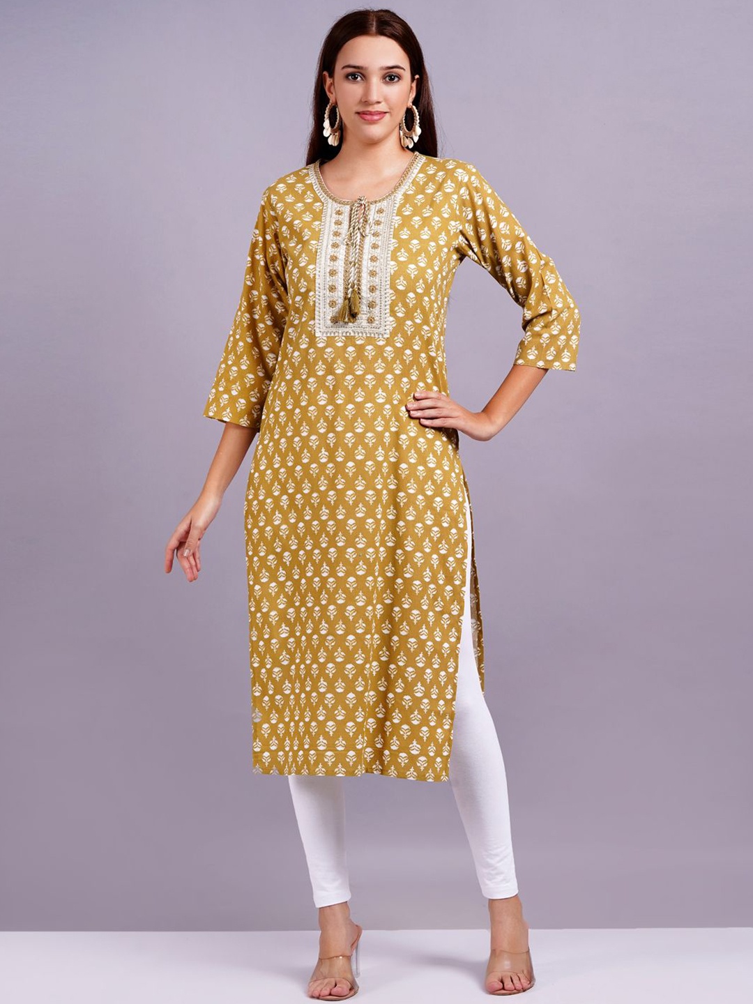 

KALINI Floral Printed Sequinned Tie-Up Neck Cotton Straight Kurta, Yellow