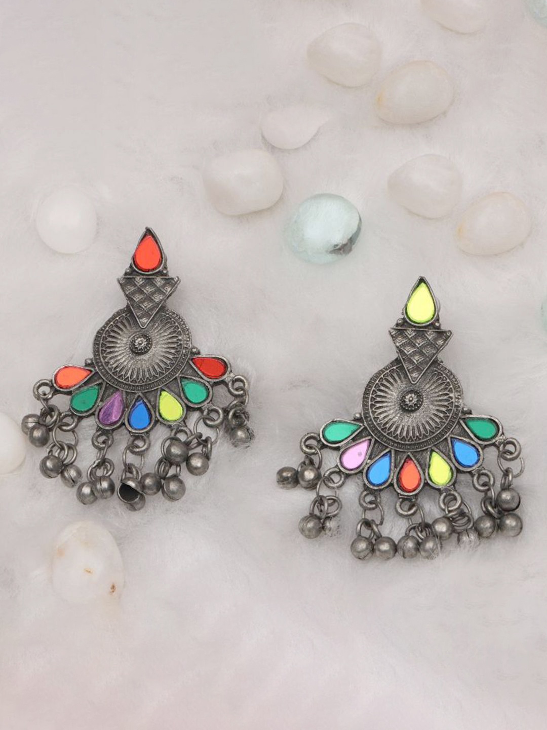 

JewelMaze Silver-Plated Contemporary Stone Studded & Beaded Oxidised Drop Earrings