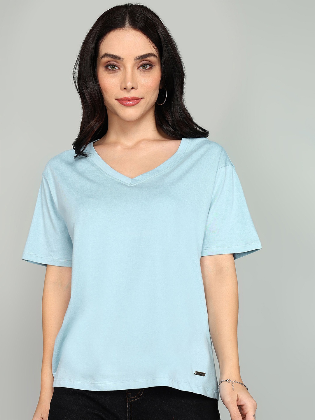 

The Roadster Lifestyle Co. Women Solid V-Neck Pure Cotton T-shirt, Blue